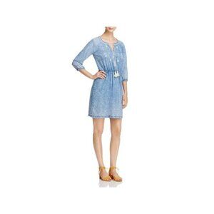 NWT DESIGN HISTORY Womens Blue Printed 3/4 Sleeve Tie Neck Short Sheath Dress XS